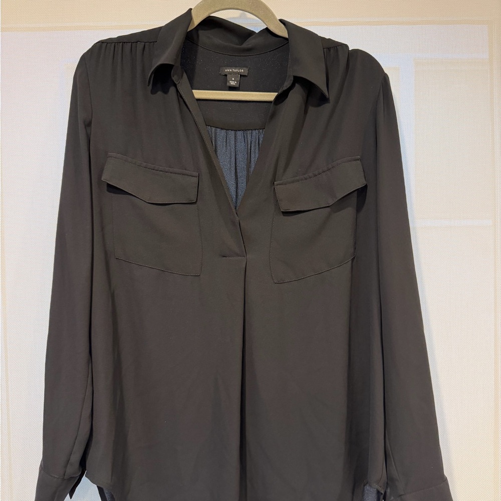 Ann Taylor Black Button-Down Utility Blouse